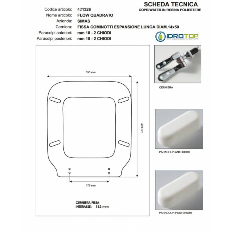 Copriwater Simas FLOW QUADRATO BIANCO Cerniera Rallentata Soft Close Cromo-Sedile-Asse Wc