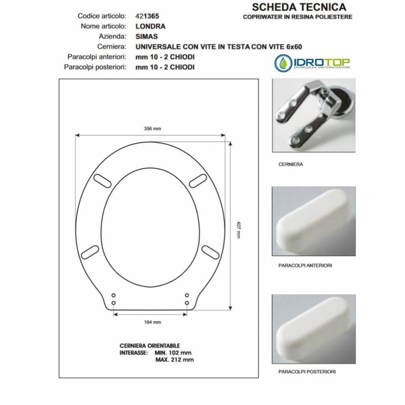 Copriwater Simas LONDRA BIANCO Cerniera Cromo-Sedile-Asse Wc