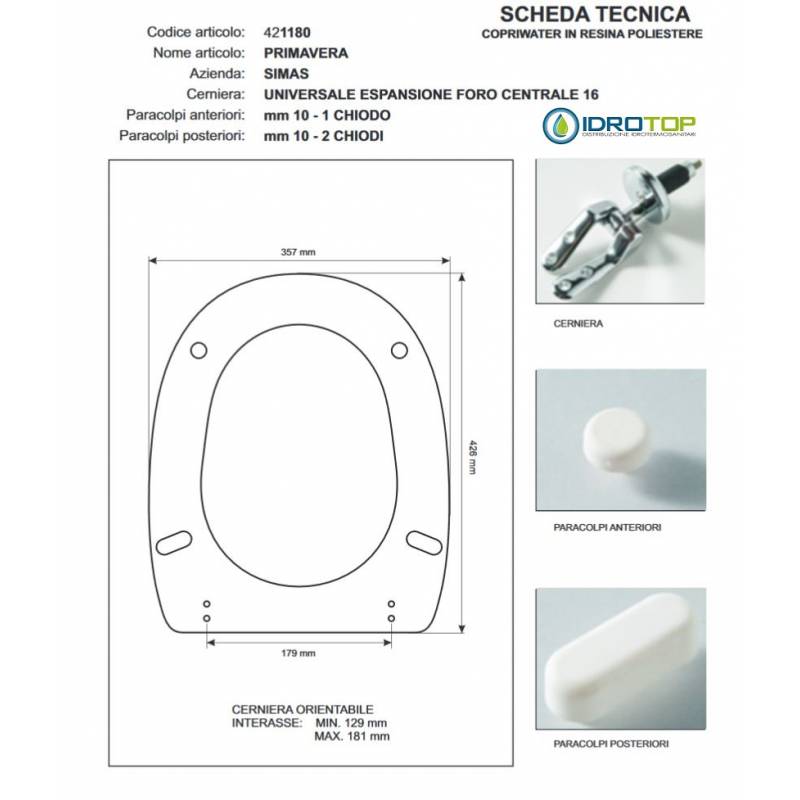 Copriwater Simas PRIMAVERA BIANCO Cerniera Cromo-Sedile-Asse Wc