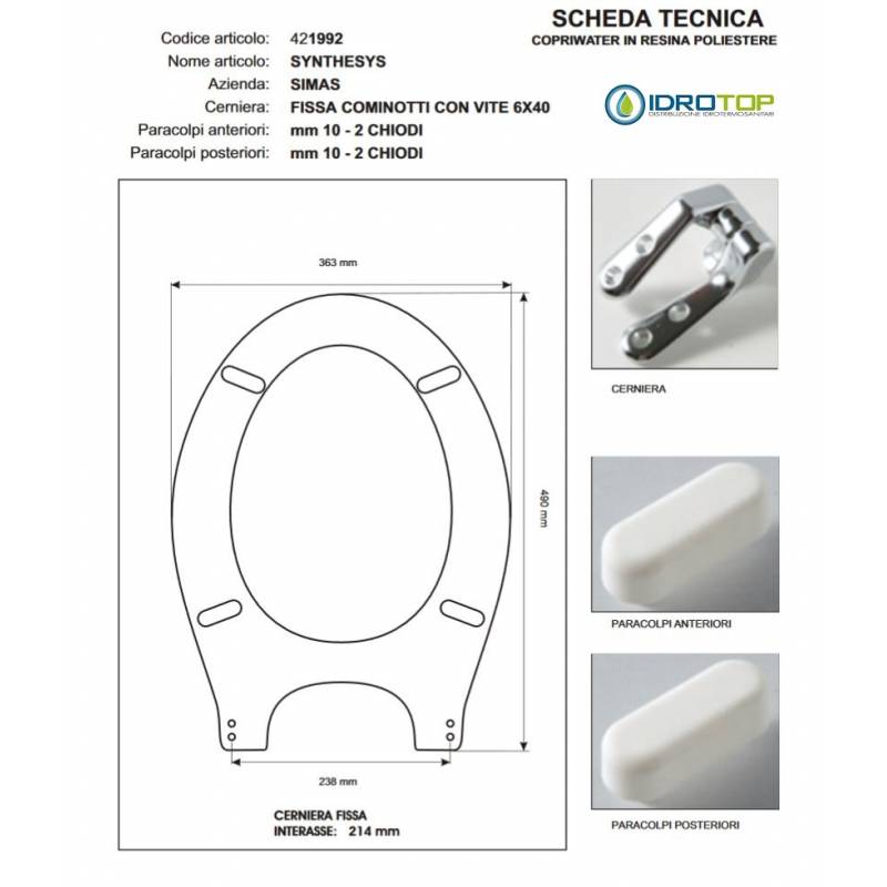 Copriwater Simas SYNTHESYS BIANCO Cerniera Cromo-Sedile-Asse Wc