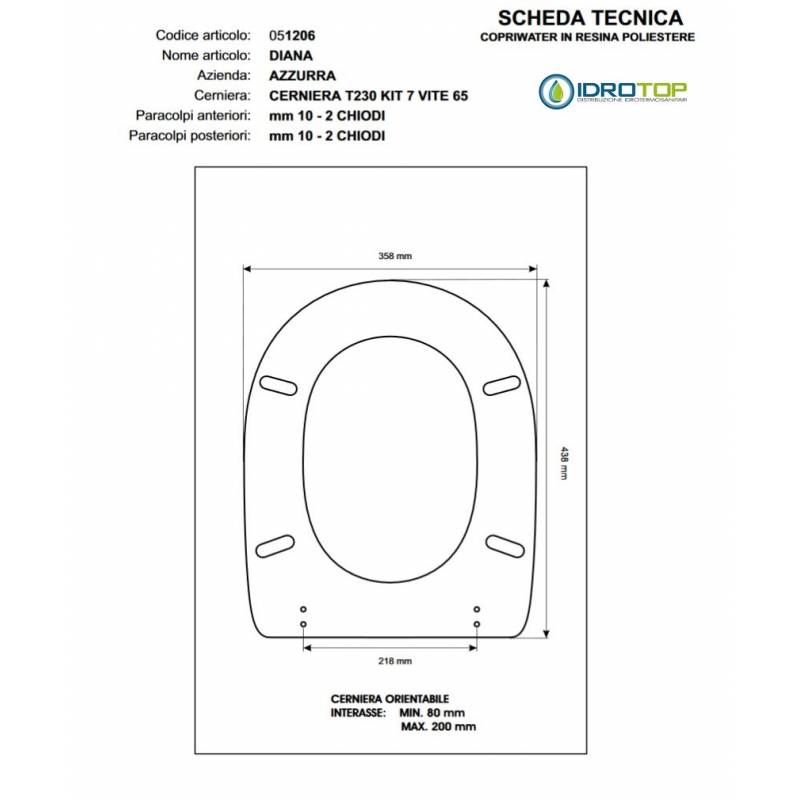 Copriwater ELIOS-DIANA-FRINE Bianco Cerniera Rallentata Soft Close Cromo-Azzurra