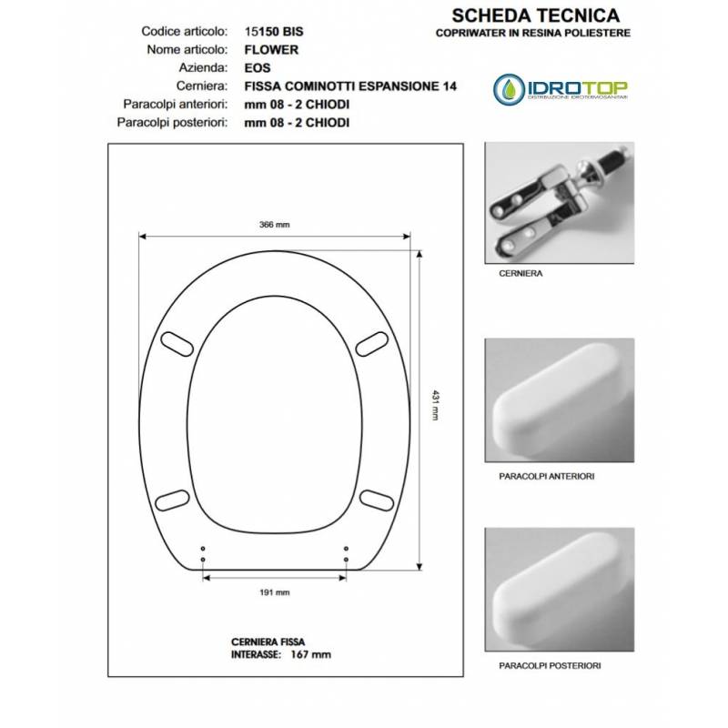 Copriwater FLOWER Eos Bianco Cerniera Rallentata Soft Close Cromo
