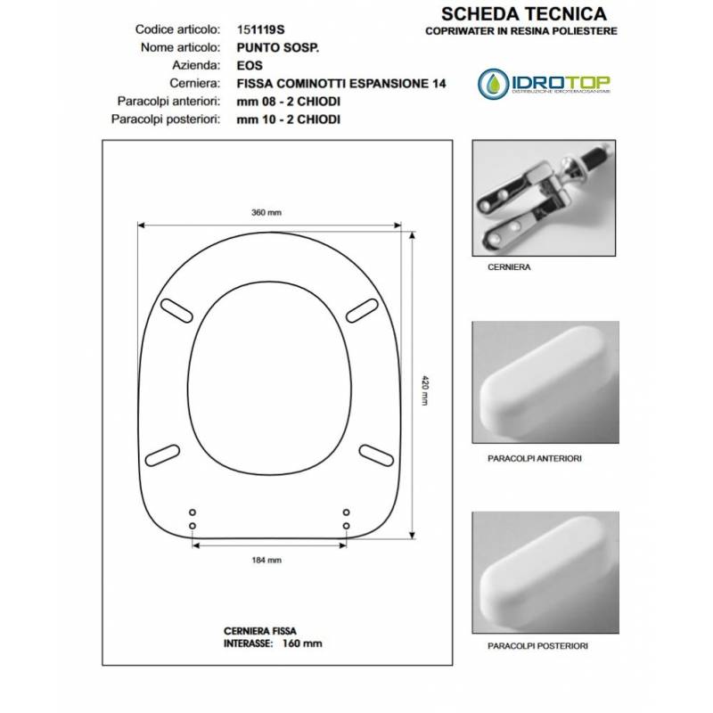 Copriwater PUNTO SOSPESO Eos Bianco Cerniera Cromo 
