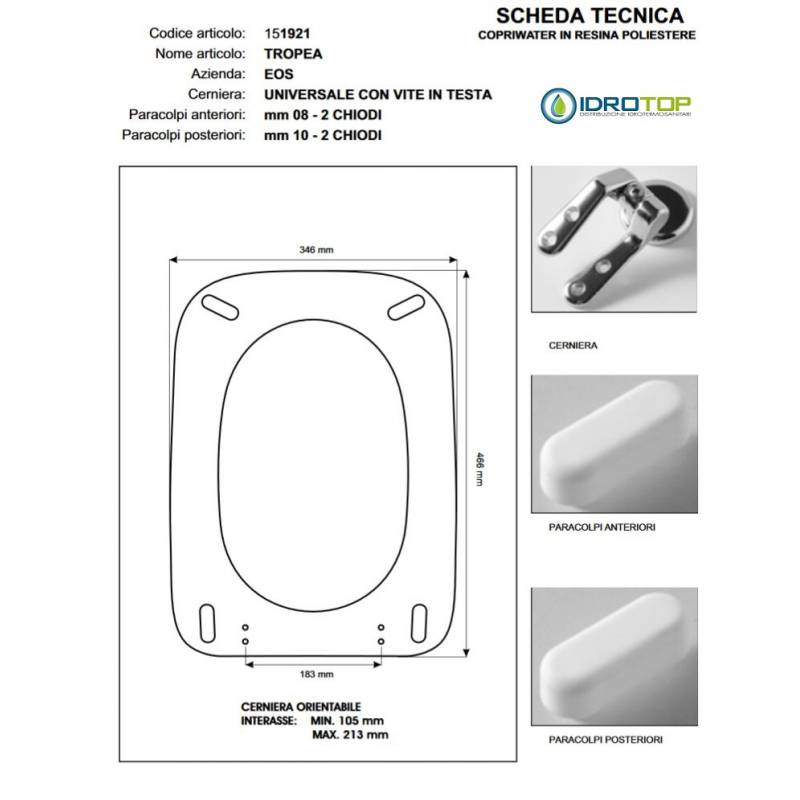 Copriwater TROPEA Eos Bianco Cerniera Rallentata Soft Close Cromo