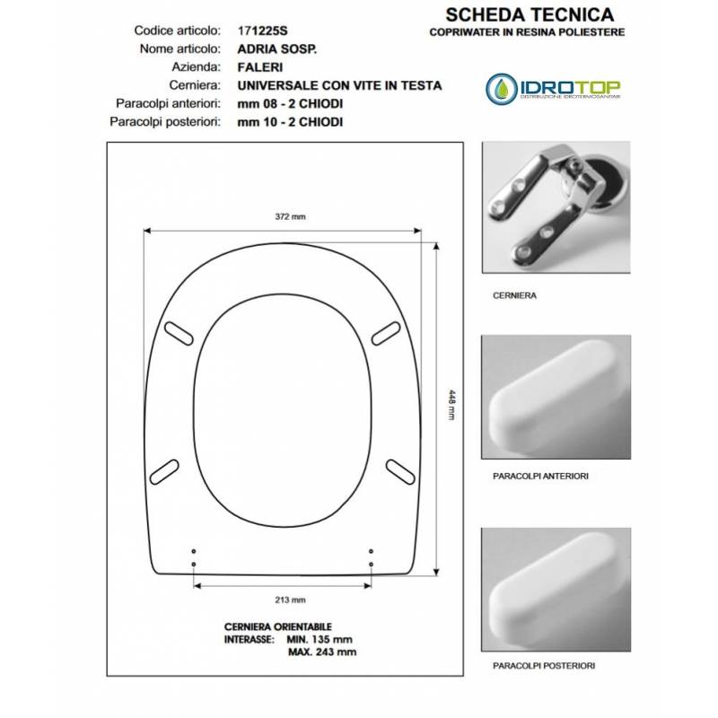 Copriwater ADRIA SOSPESO Bianco Cerniera Rallentata Soft Close Cromo-Falerii