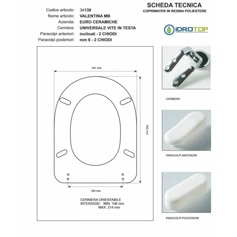 Copriwater VALENTINA MB Micas Bianco Cerniera Rallentata Soft Close Cromo