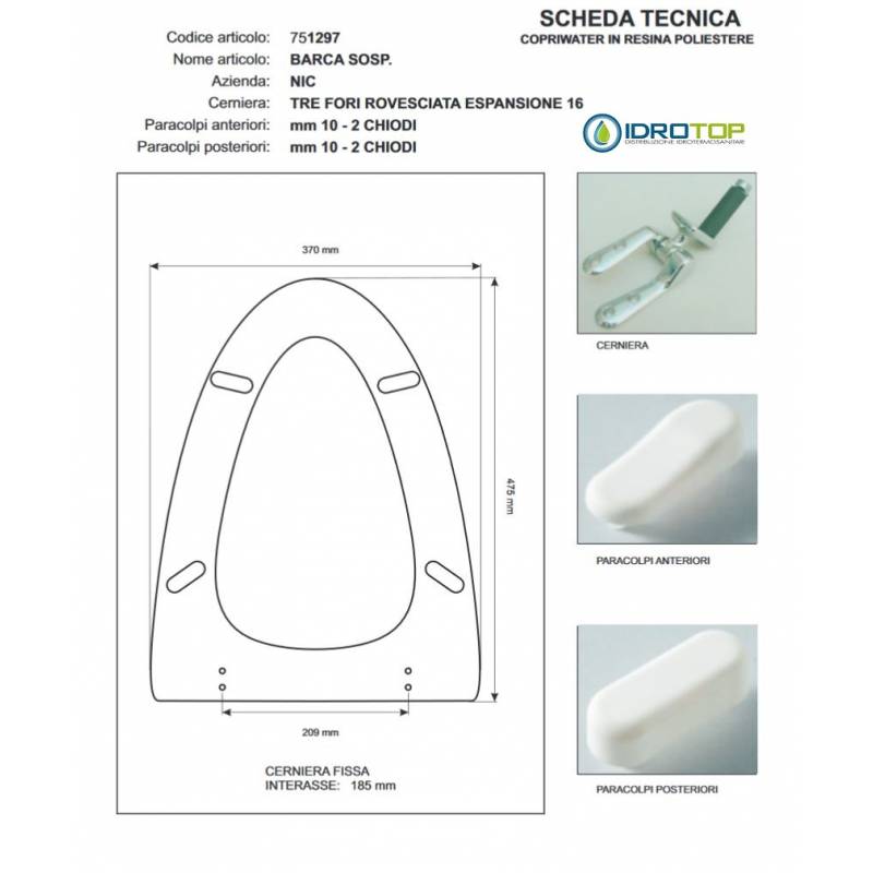 Copriwater BARCA SOSPESO Bianco Cerniera Rallentata Soft Close Cromo-Nic