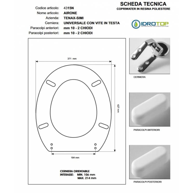 Copriwater AIRONE/PEGASO/VEGA Castoro Cerniera Rallentata Soft Close Cromo-Tenax Simi