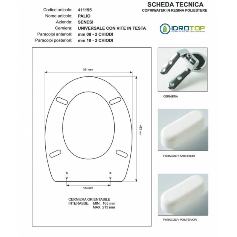 Copriwater Senesi PALIO BIANCO  Cerniera Rallentata Soft Close Cromo-Sedile-Asse Wc