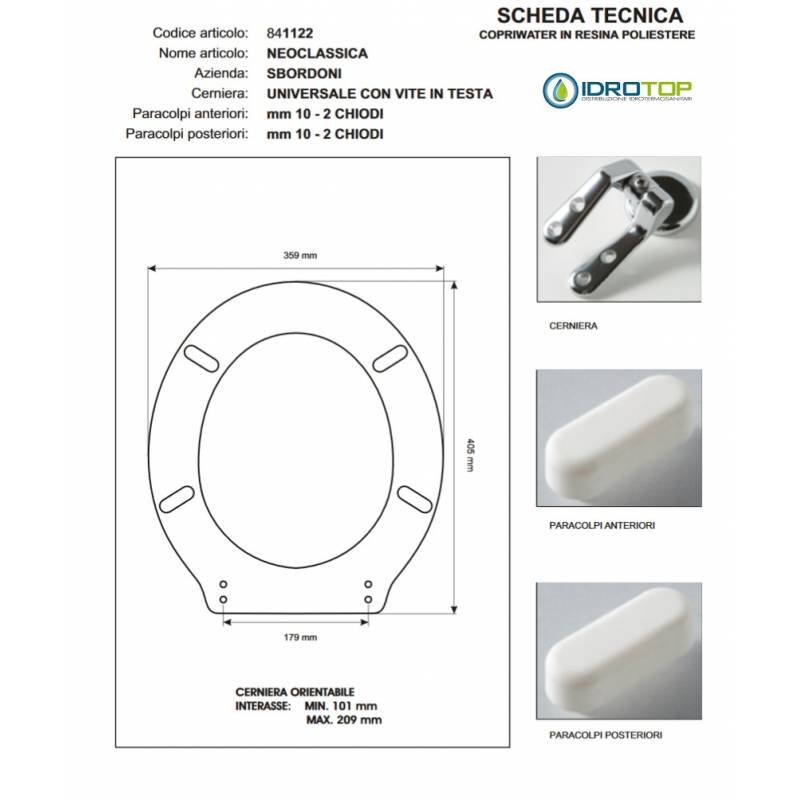 Copriwater NEOCLASSICA Bianco cerniera Rallentata Soft Close Cromo-Sbordoni