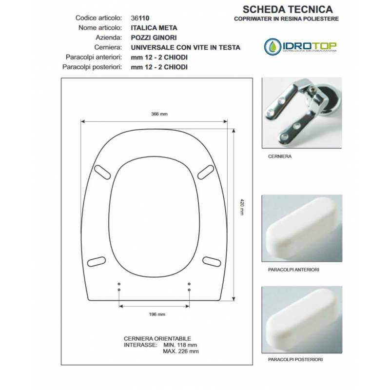 Copriwater Pozzi Ginori ITALICA META NERO  Cerniera Cromo-Sedile-Asse Wc 