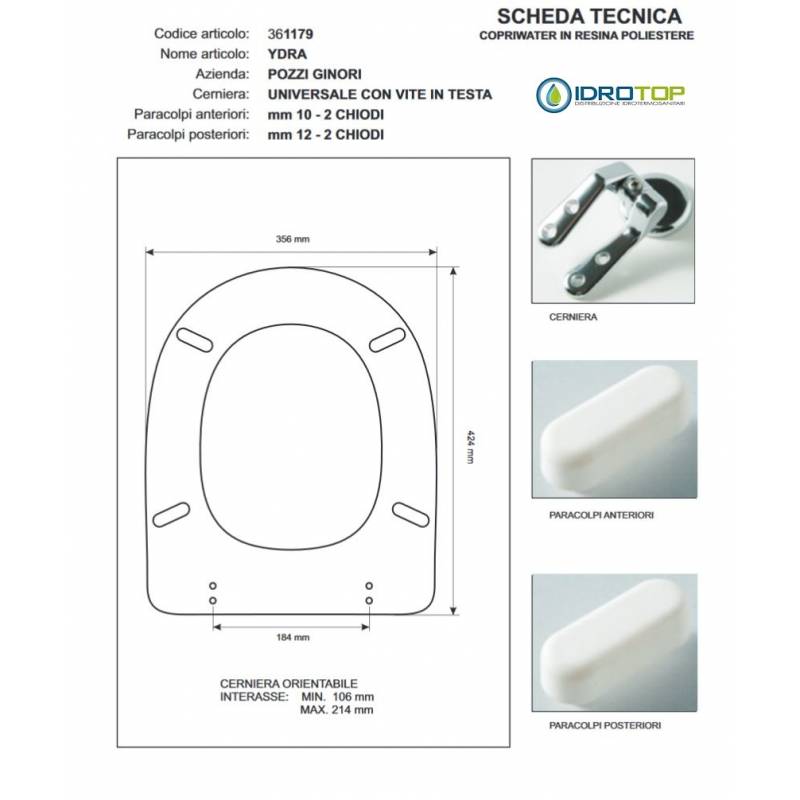 Copriwater Pozzi Ginori YDRA  BLU MARINO  Cerniera Cromo-Sedile-Asse Wc 