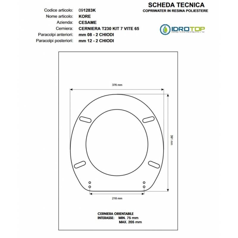 Copriwater Cesame  KORE BIANCO Cerniera Rallentata Soft Close Cromo-Sedile-Asse Wc