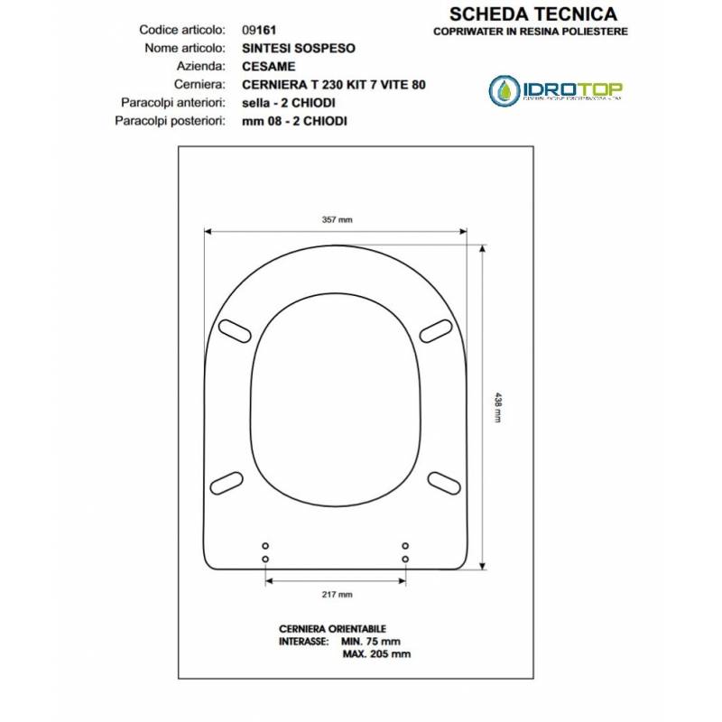 Copriwater Cesame  SINTESI SOSP BIANCO  Cerniera Rallentata Soft Close Cromo-Sedile-Asse Wc