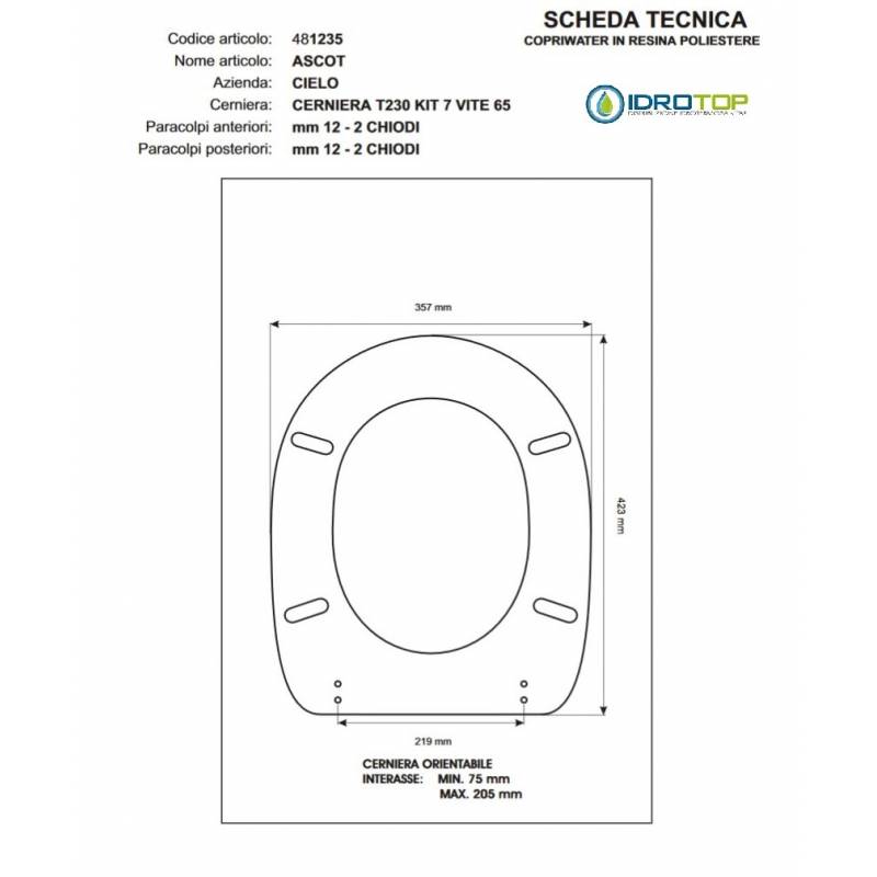Copriwater Cielo ASCOT BIANCO Cerniera Cromo-Sedile-Asse Wc