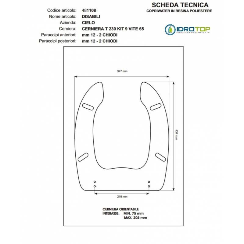 Copriwater Cielo DISABILI BIANCO Cerniera Rallentata Soft Close Cromo-Sedile-Asse Wc