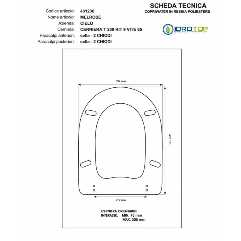 Copriwater Cielo MELROSE BIANCO Cerniera Cromo-Sedile-Asse Wc