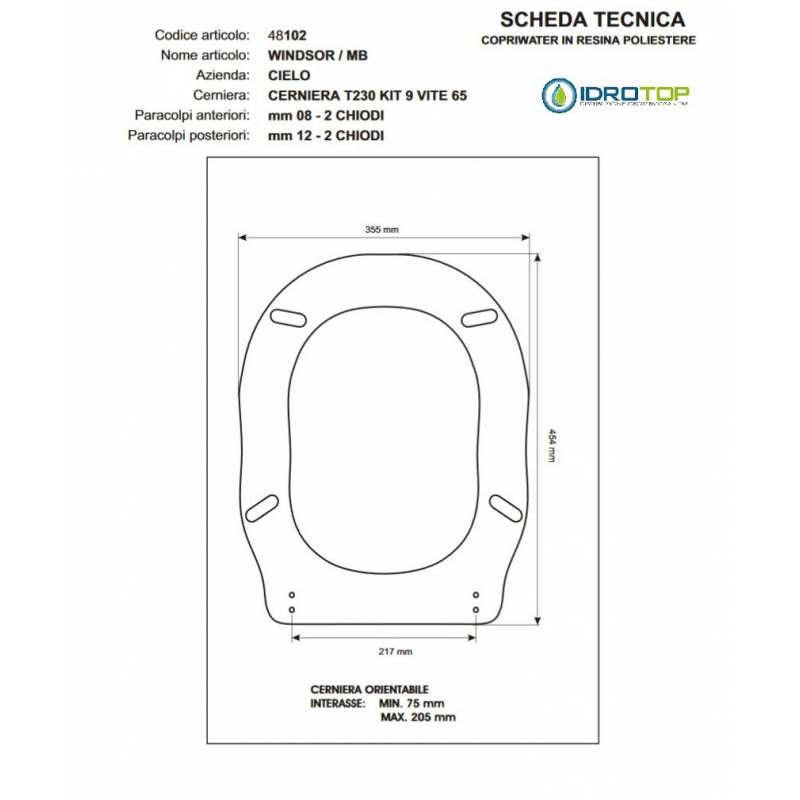 Copriwater Cielo WINDSOR/MB BIANCO Cerniera Cromo-Sedile-Asse Wc