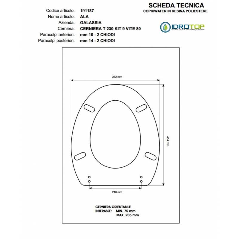 Copriwater Galassia ALA-OLA BIANCO Cerniera Rallentata Soft Close Cromo-Sedile-Asse Wc