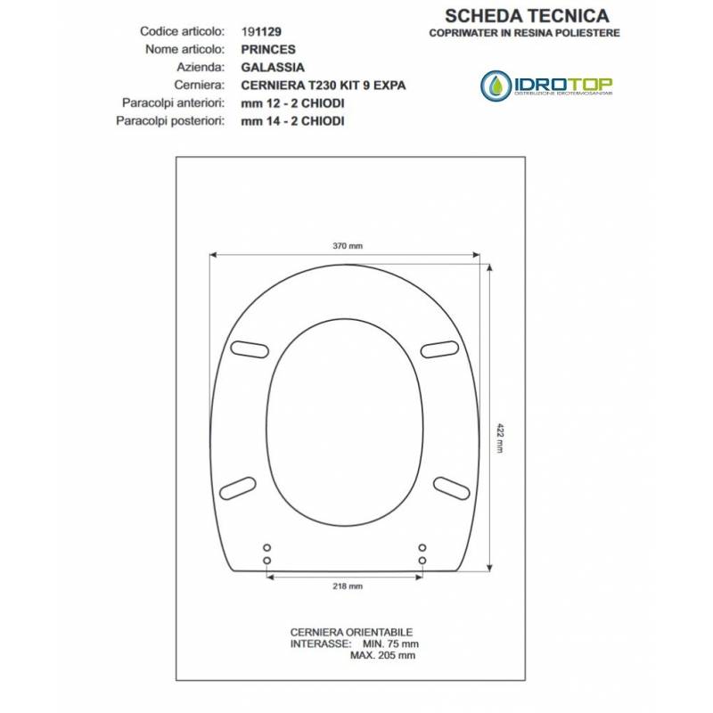 Copriwater Galassia  PRINCESS BIANCO  Cerniera Cromo-Sedile-Asse Wc