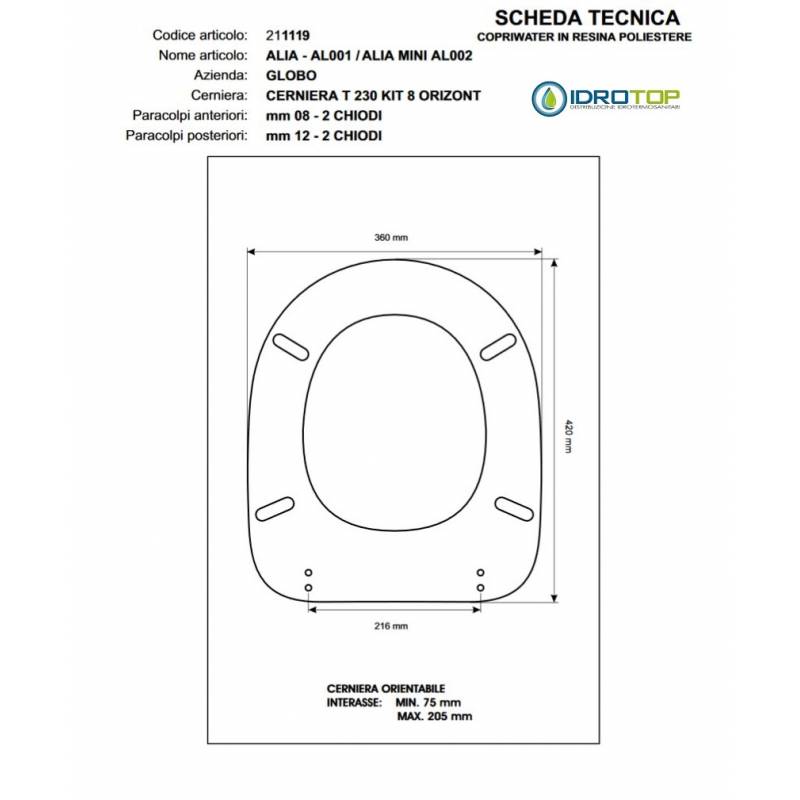 Copriwater Globo  ALIA.AL001.ALIA MINI AL002 CHAMPAGNE Cerniera Cromo-Sedile-Asse