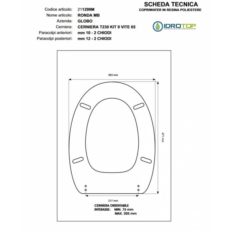 Copriwater Globo  RONDA MB.  BIANCO  Cerniera Rallentata Soft Close Cromo-Sedile-Asse