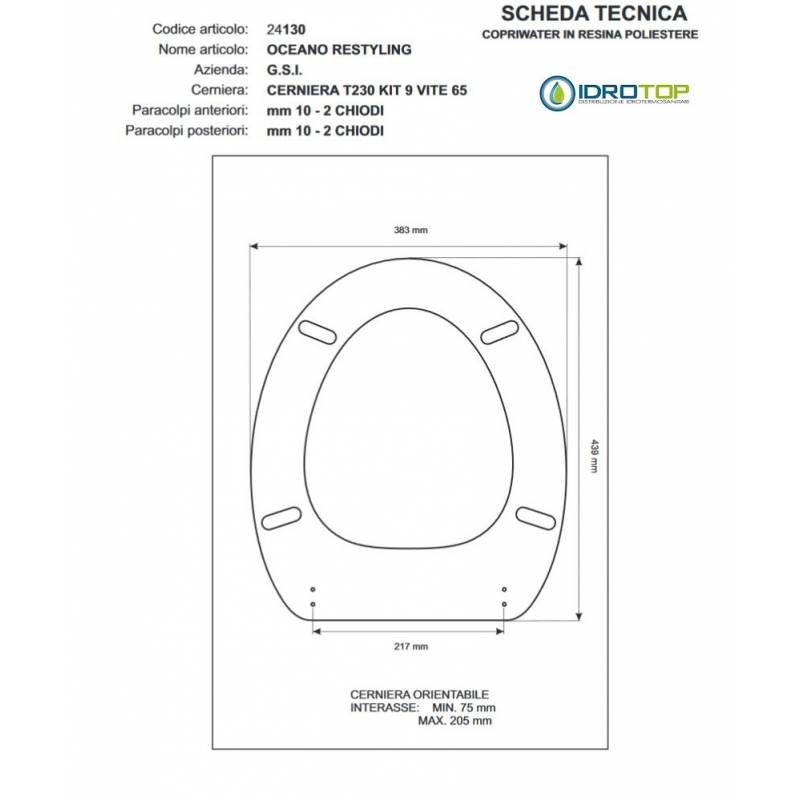 Copriwater G.S.I OCEANO RESTYLING BIANCO Cerniera Rallentata Soft Close cromo-Sedile-Asse Wc