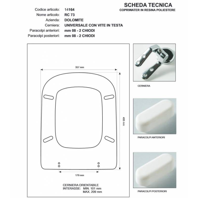 Copriwater Dolomite RC.73 BIANCO  Cerniera Rallentata Soft Close Cromo-Sedile-Asse Wc