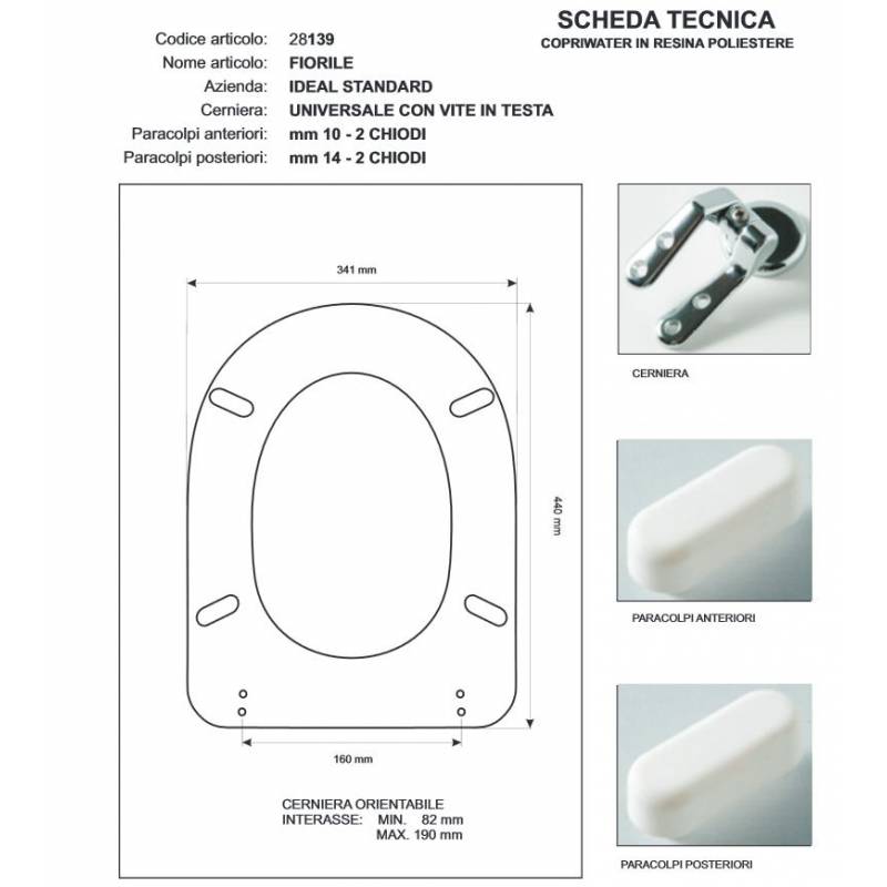 Copriwater Ideal Standard  CALLA BIANCO  Cerniera Cromo-Sedile-Asse Wc 
