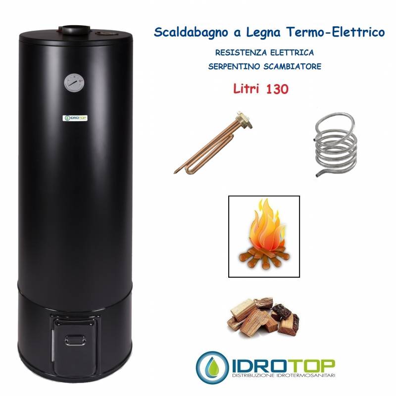 Scaldabagno a Legna Termo Elettrico LT 130 Nero Scaldacqua Coibentato in Lana Vetro 