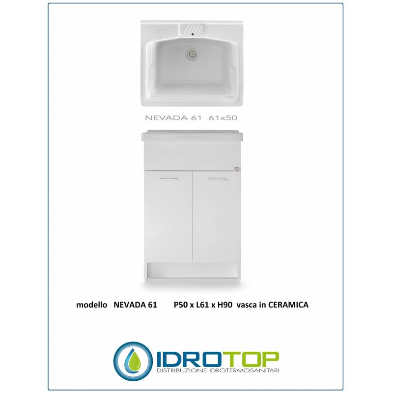 Lavatoio VASCA CERAMICA Mod. NEVADA 61   -L61xp50  completo di ASSE LEGNO-SIFONE-PILETTA