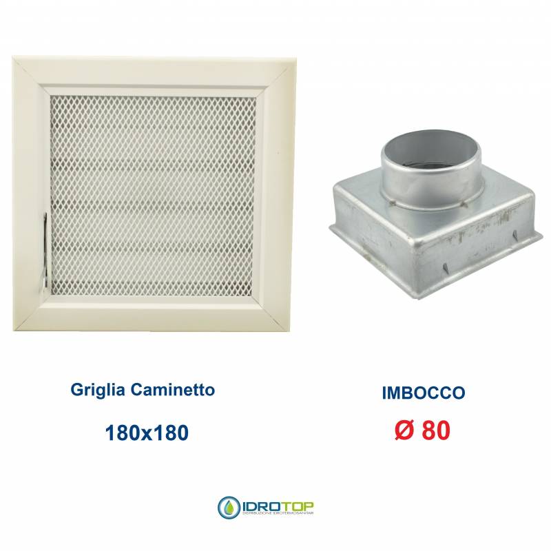 Griglia Bocchetta 18x18cm Diam. 80mm Bianca con Rete e Adattatore per Camino