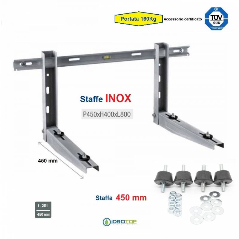 Staffa Regolabile INOX cm 45 per Climatizzatore 160 Kg.+Kit Antivibranti.Certificata TUV
