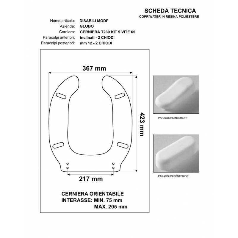 Copriwater DISABILI per MODI\' GLOBO BIANCO cerniera cromo normale o rallentata soft close