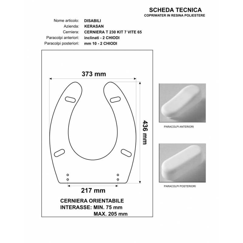Copriwater DISABILI per VASO DISABILI KERASAN BIANCO cerniera cromo normale o rallentata soft close