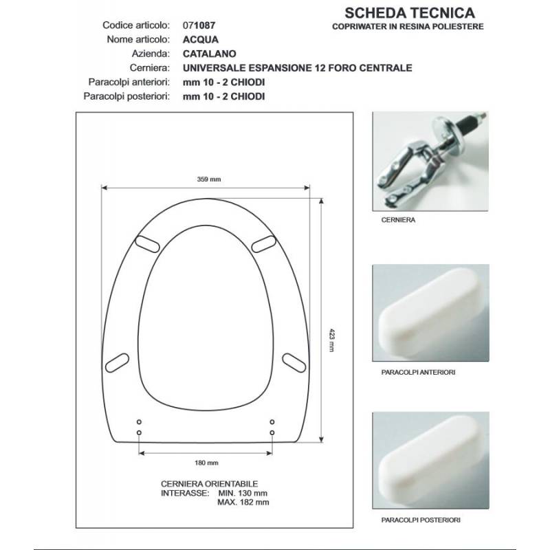 Copriwater Catalano ACQUA BIANCO  Cerniera Cromo-Sedile-Asse Wc