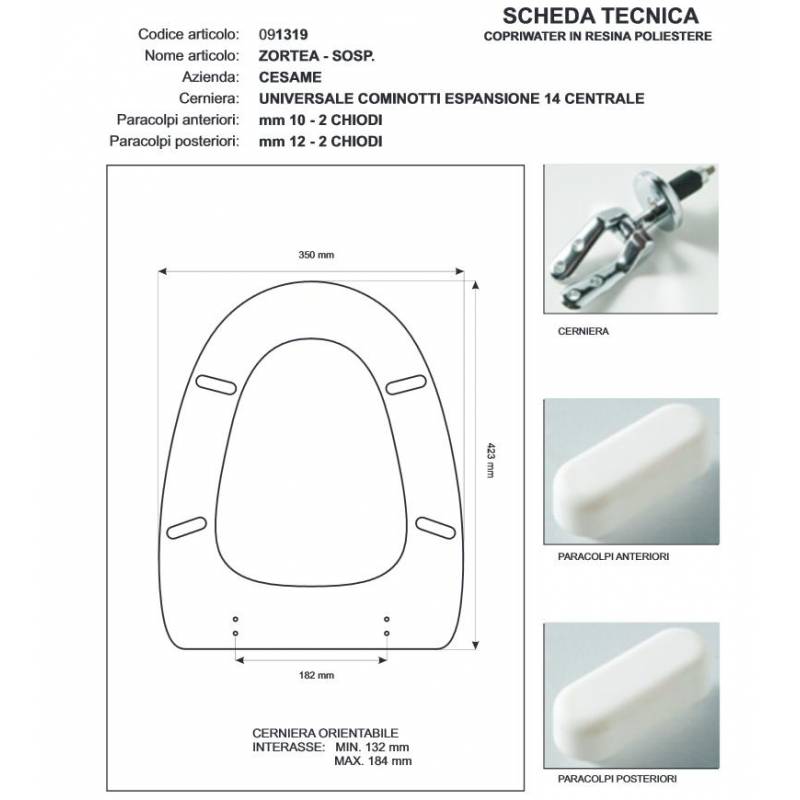 Copriwater Cesame  ZORTEA - SOSP. TURCHESE Cerniera Cromo-Sedile-Asse Wc