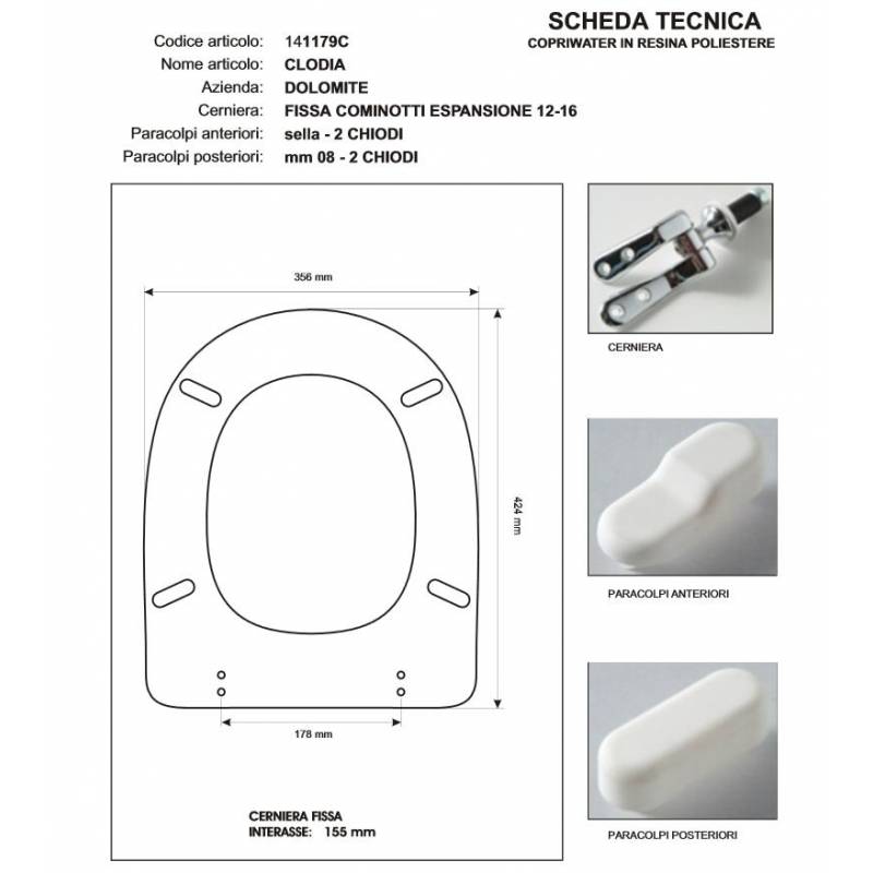 Copriwater Dolomite  CLODIA AZZURRO SUSSURRATO Cerniera Cromo-Sedile-Asse Wc