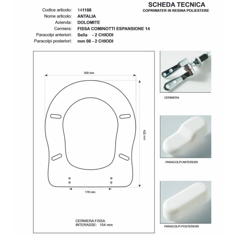 Copriwater Dolomite  ANTALIA CHAMPAGNE  Cerniera Cromo-Sedile-Asse Wc