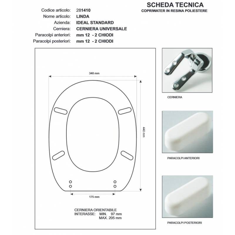 Copriwater Ideal Standard  LINDA ROSA SUSSURRATO  Cerniera Cromo-Sedile-Asse Wc