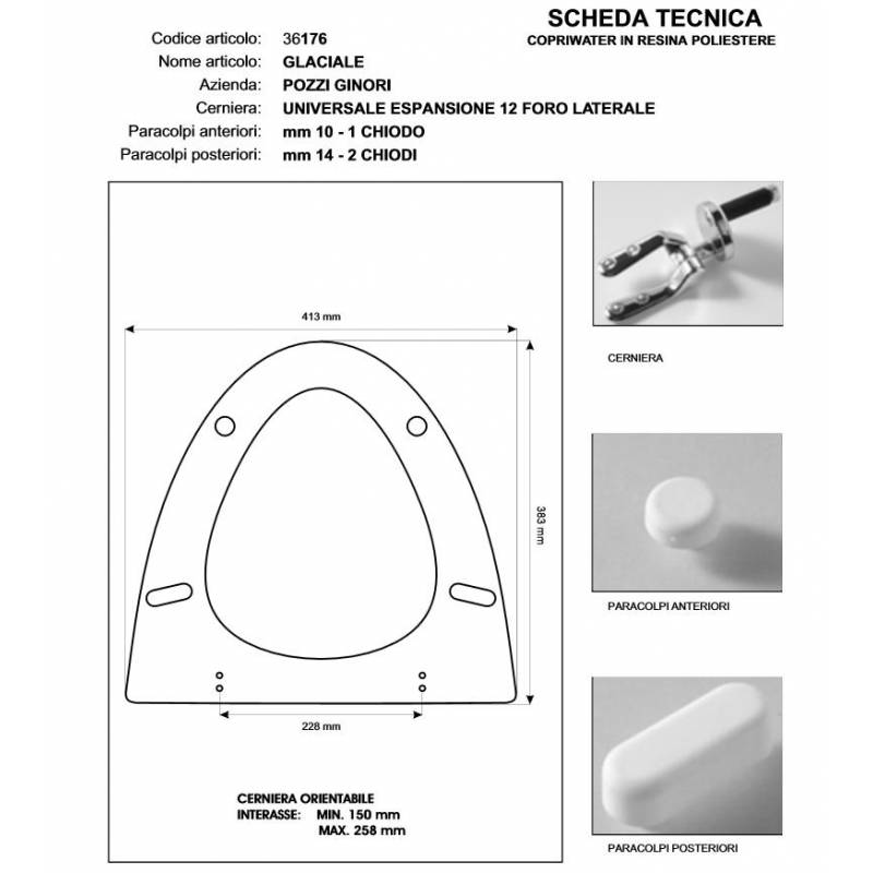 Copriwater Pozzi Ginori GLACIALE BIANCO  Cerniera Cromo-Sedile-Asse Wc 