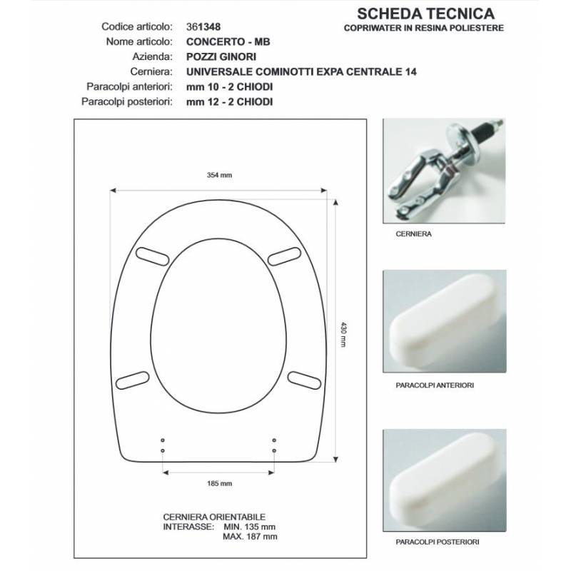 Copriwater Pozzi Ginori CONCERTO BIANCO  Cerniera Cromo-Sedile-Asse Wc 