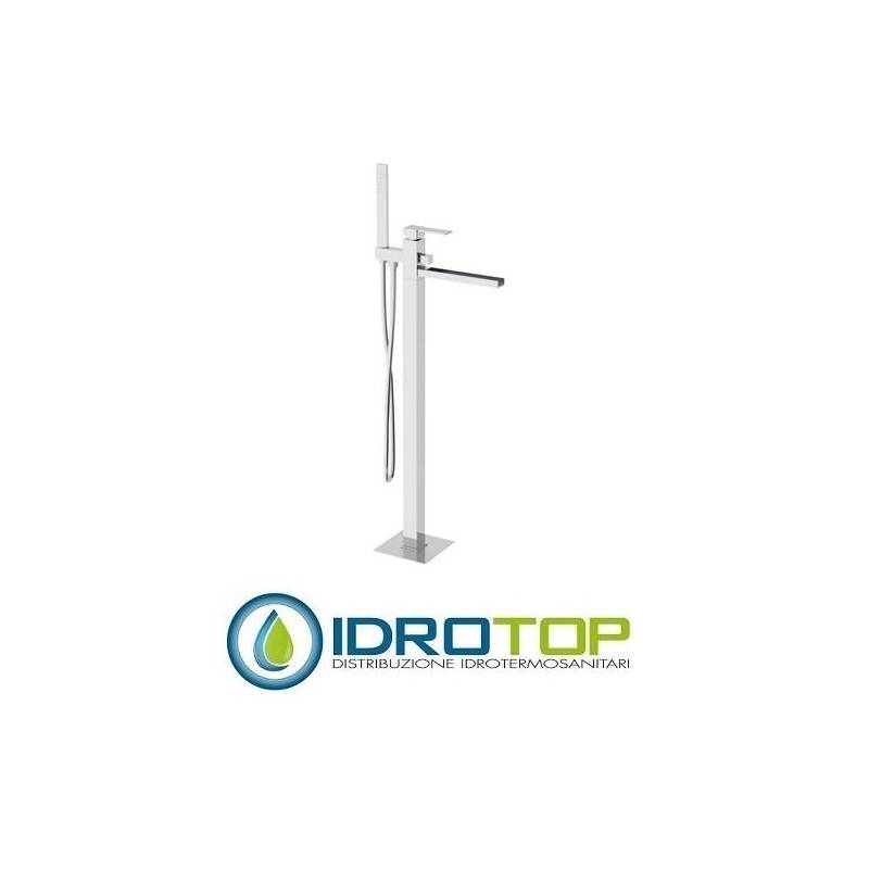 Miscelatore QUBIKA  CASCATA VASCA pavimento, con doccetta in ottone con bocca a cascata di 78 cm, deviatore e kit doccia cromato