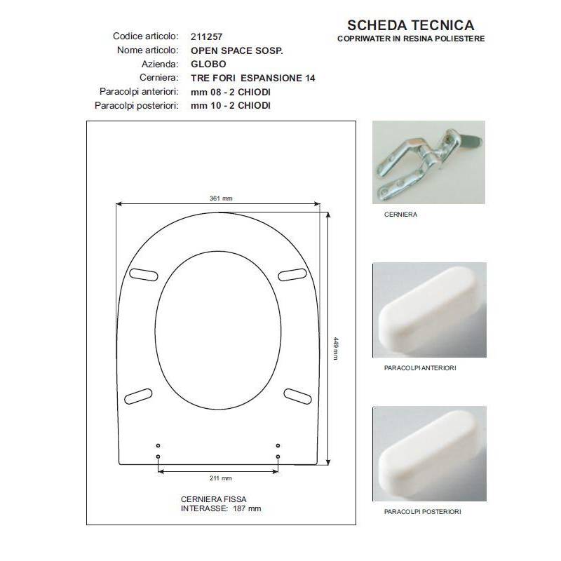 Copriwater Globo  OPEN SPACE SOSPESO ROSSO BERTOCCI  Cerniera Cromo-Sedile-Asse